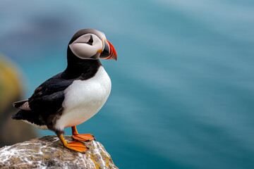 A close-up of an Icelandic puffin standing on a cliff, with the blue ocean in the background.