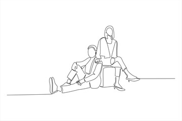Minimalist line drawing of two seated figures in a relaxed pose.