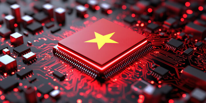 High tech 3D render Vietnam silicon microchip with red star design, glowing