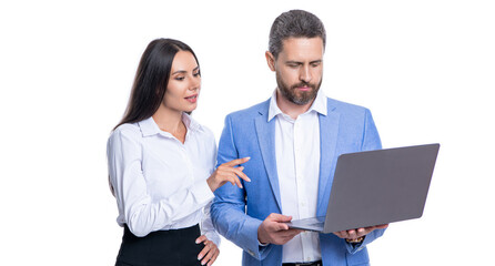 boss and employee using laptop. businesspeople isolated on white. remote business online. busy businesspeople colleagues. agile business. remote business work. discussing the work