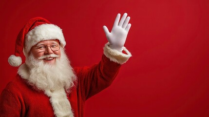 Santa Claus Giving a High Five - Front View on Red Background with Copy Space