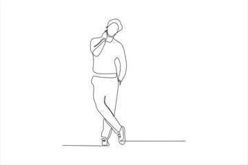 A minimalist line drawing of a person casually standing and holding a phone.