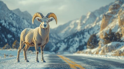 Obraz premium A majestic bighorn sheep stands on a snow-covered road in front of a mountain range, looking directly at the camera.