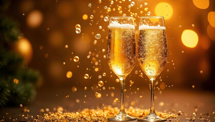 Elegant glasses of champagne on a golden background, surrounded by shimmering confetti. The scene is festive and celebratory, perfect for parties or holiday events, highlighting luxury and joy.