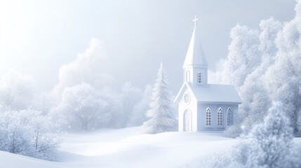 Quaint snowy church surrounded by frosted trees, perfect for Christmas or New Year backgrounds with space for holiday messages.