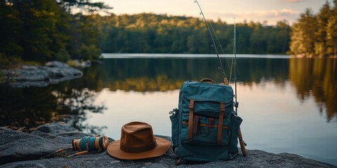 Fishing Gear Laid Out on a Rocky Lake Shore