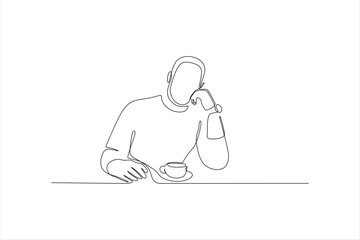 A minimalist line drawing of a person resting their chin on one hand while holding a cup.