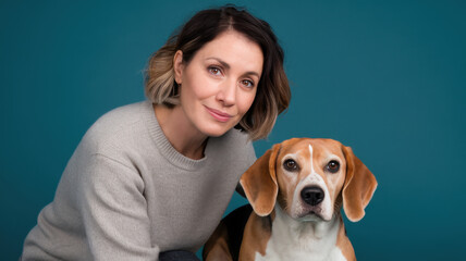 A woman with medium-length brown hair, wearing a cozy sweater, poses with her beagle against a vibrant blue backdrop, showcasing a bond between pet and owner.
