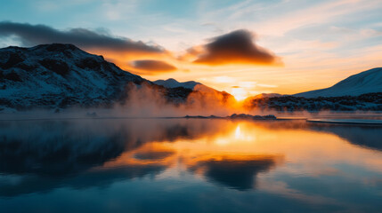 A stunning view of Iceland Blue Lagoon, with steam rising from the geothermal waters and snow-covered mountains in the background.