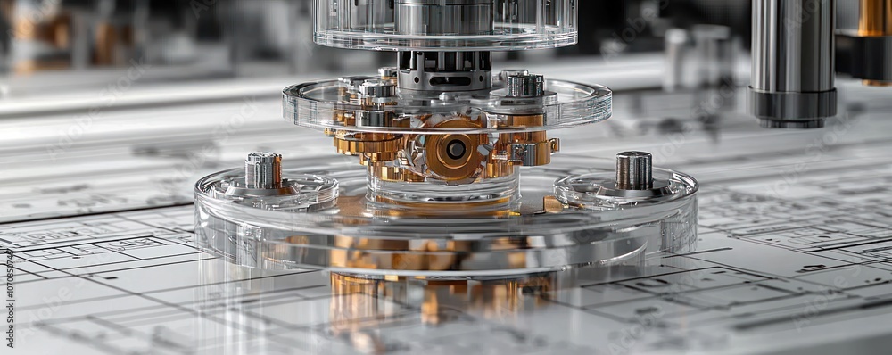 Aufkleber Close-up of a complex mechanical system with intricate gears and transparent components