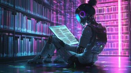 Futuristic Robot Child in Neon-Pink Library Immersed in Digital Book – AI Learning and Knowledge Discovery