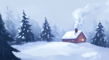 Naklejka premium Serene winter scene with a lone cabin among snow-covered trees, smoke rising from the chimney into cold air. Perfect background for holiday greetings.