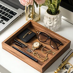 A wooden tray holds a gold watch, sunglasses, two pens, a black wallet and gold chains on a white surface with a laptop and flowers in the background.