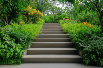 A beautifully landscaped garden pathway leading up a set of steps surrounded by vibrant greenery and colorful flowers. Generative AI