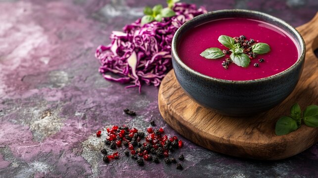 Delicious red cabbage soup with basil and peppercorns served in a bowl on a wooden cutting board.