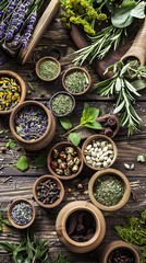 Assortment of Fresh and Dried Herbs and Spices in Wooden Bowls on Rustic Wooden Table