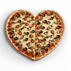 3D Render of a heart shaped pizza with pepperoni olives and basil.