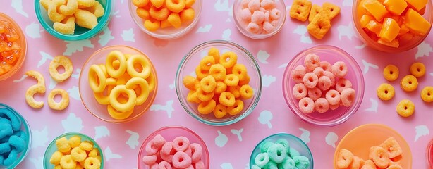 retro aesthetics from the '90s Colorful 90s Snacks Overhead Shot in Bowls