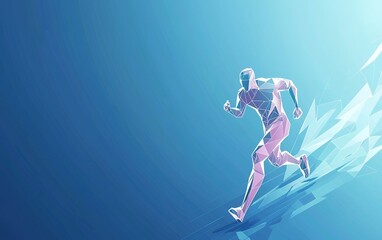 Obraz premium A digital illustration of a runner in low-poly style sprinting against a blue gradient background, symbolizing speed and athleticism in sports