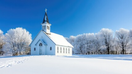 Small country church in a snow-covered landscape, trees frosted with snow, creating a classic winter holiday card scene with room for greetings.