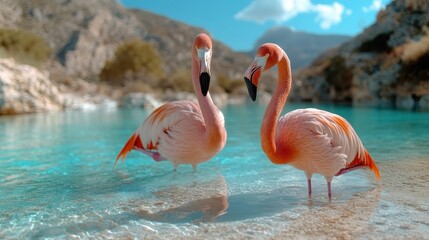 Two graceful flamingos pose elegantly in tranquil turquoise waters, surrounded by a serene mountain landscape, epitomizing beauty, nature, and peaceful coexistence.