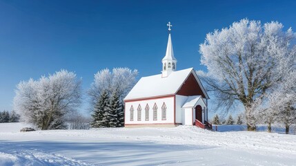 Small country church in a snow-covered landscape, trees frosted with snow, creating a classic winter holiday card scene with room for greetings.