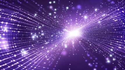 Naklejka premium A mesmerizing illustration of light particles swirling in a cosmic space, creating a dynamic and vibrant background filled with purple hues and sparkling stars.