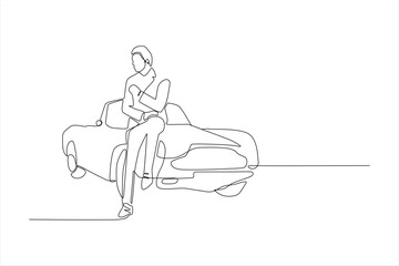 A minimalist line drawing of a person sitting on a car, conveying leisure and style.