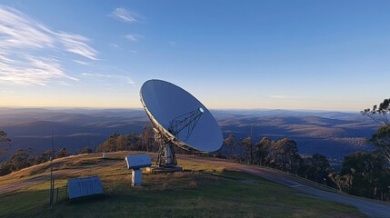 Earth receiving station in a remote desert location, where satellite signals are decoded and transmitted to control centers. The scene symbolizes global connectivity and the seamless flow of informati