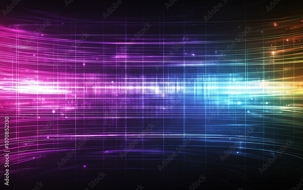 Poster vibrant abstract light waves in a spectrum of colors against a dark background creating a dynamic vi