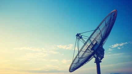 Earth receiving station in a remote desert location, where satellite signals are decoded and transmitted to control centers. The scene symbolizes global connectivity and the seamless flow of informati
