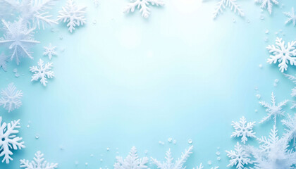 A light, white and pale blue winter background adorned with delicate snowflakes. The soft gradient creates a serene, frosty atmosphere, with a clear space designated for text.