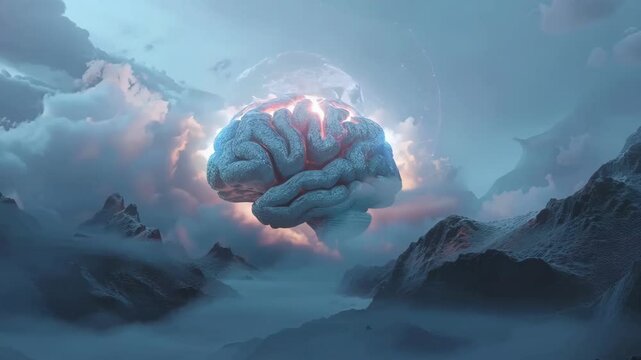 A brain is shown in a cloudy sky with mountains in the background. The brain is surrounded by a cloud of smoke and he is on fire. Scene is eerie and mysterious