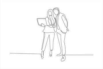 A continuous line drawing of two business professionals discussing over a tablet device.