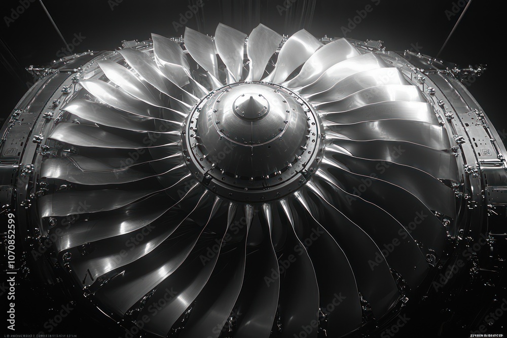 Poster close-up view of an airplane engine's fan blades and core