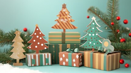 Fototapeta premium Christmas Decorations with Gift Boxes and Pine Branches on Blue Background
