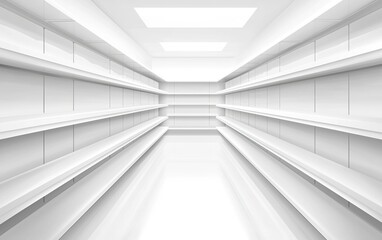 Fototapeta premium A vast, empty store aisle with pristine white shelves in a well-lit retail space during daylight hours