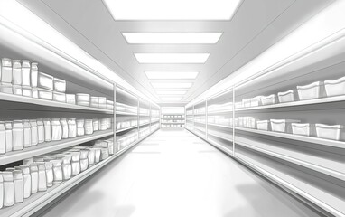 Obraz premium A spacious grocery store aisle filled with shelves of various products under bright lighting in the early afternoon