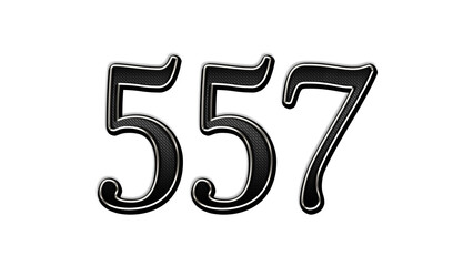 black metal 3d design of number 557 on white background.