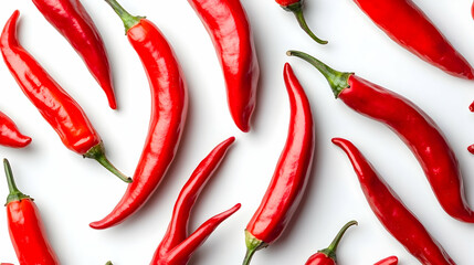 A pattern of bright red chili peppers arranged on a white background.