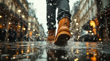 Fototapeta premium Walking Through Rainy Streets with Brown Boots