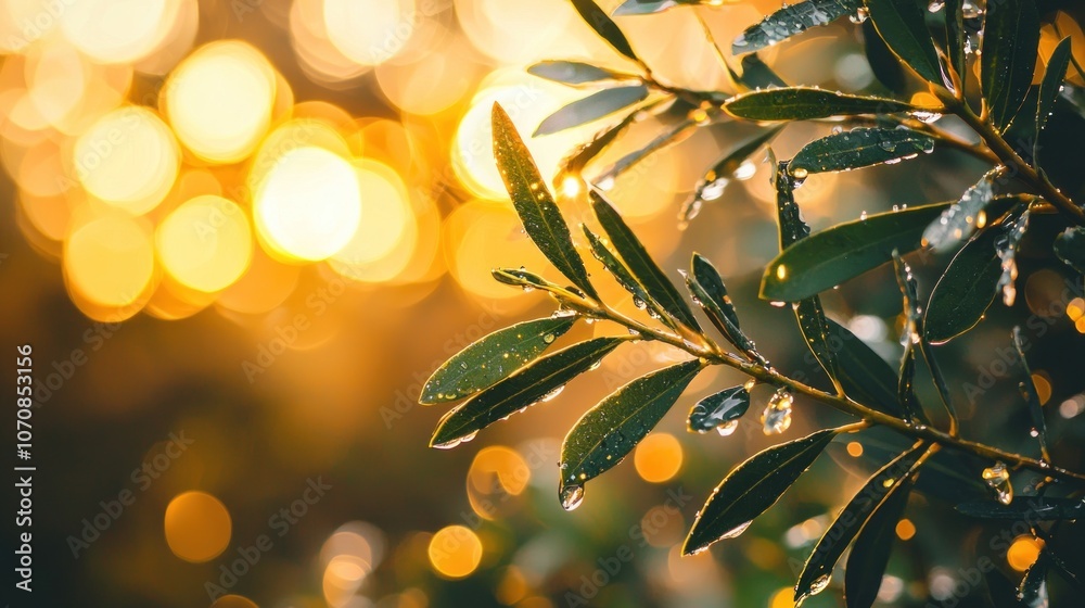 Aufkleber dew-covered green leaves with a bokeh background of golden lights