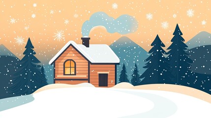 Snowy scene with a rustic cabin, chimney smoke, and trees, evoking a warm holiday feel for Christmas and New Year banners.