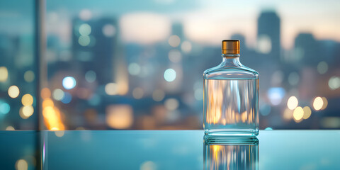 Cityscape Reflection: A glass bottle with a golden lid sits on a reflective surface, its silhouette mirrored against a captivating backdrop of a city skyline at twilight.