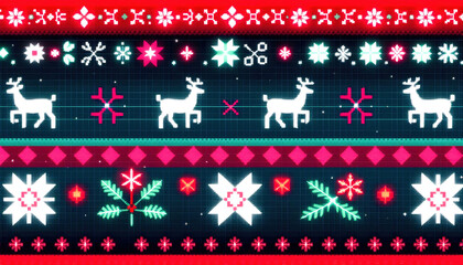 Festive colorful patterns on fabric with Christmas themes, including snowflakes, stars, and holiday ornaments, perfect for seasonal decor or crafts.