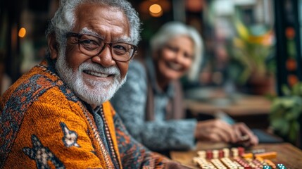 An elderly couple sits at a cafe table, engaging in a lively game, sharing smiles and laughter. The warm atmosphere reflects their joy in the company of friends.