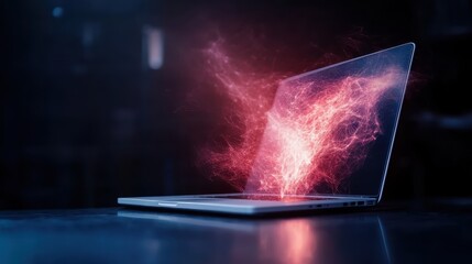 Dynamic digital waves appear to emerge from an open laptop screen, symbolizing technological advancement, innovation, and a world of possibilities in virtual space.