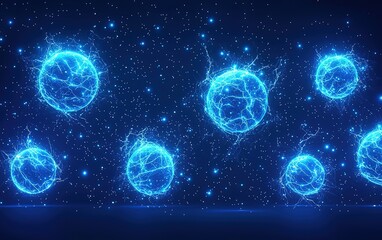 Obraz premium Glowing blue energy spheres creating a dynamic visual display against a dark background during a futuristic design event