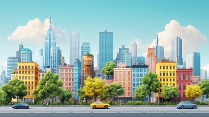 Fototapeta premium A cityscape with tall buildings and a yellow car driving down the street