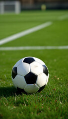 Fototapeta premium A soccer ball is sitting on the grass. The field is green and the ball is black and white